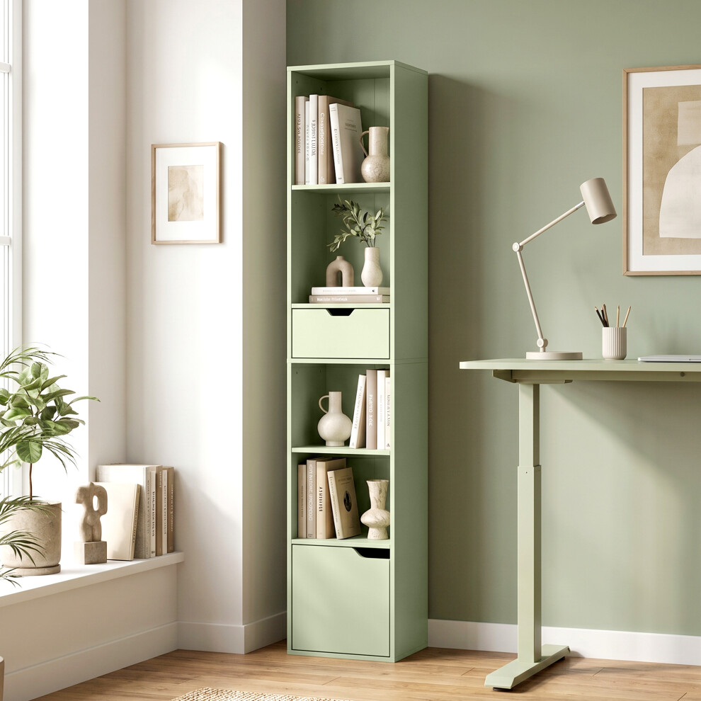 Homcom Narrow Bookshelf With Drawer, Tall Bookcase For Living Room, Green
