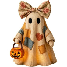 Cute Patchwork Halloween Decor with Floral Bow & Light- Pumpkin Basket, for Tabletop, Mantle, Home Decoration