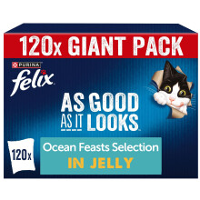 FELIX As Good As it Looks Adult Wet Cat Food Ocean Feasts in Jelly Plaice, Salmon, Tuna, Cod 120 x 85g Pouches