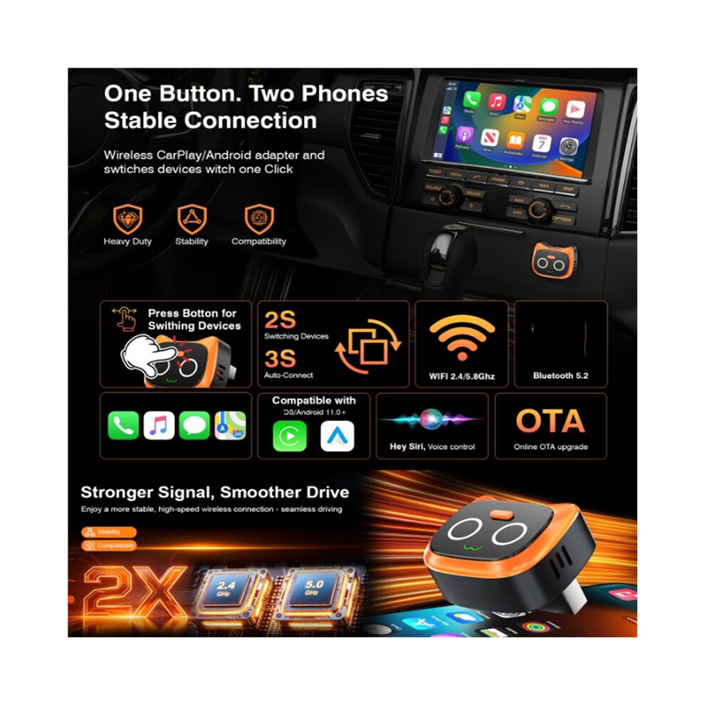 Wireless Carplay For Android Auto & Carplay Adapter 2.4Ghz&5Ghz Wifi Ble Auto Connect Ota Upgrade Box Orange 6032262451119