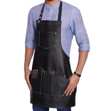 (black) PU Leather Apron Hanging Neck Waterproof Resistant Multi Pocket Workwear Apron Barber Coffee Shop Kitchen Work Clothes Apron