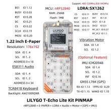 LILYGO Kit Meshtastic T-Echo Lite NRF52840 LoRa SX1262 avec Écran E-Paper de 1,22 Pouce, Module Basse Consommation 400-520MHz