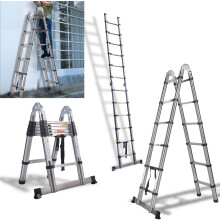 Telescopic Ladder Extension Portable Loft Ladder Stainless Steel 1.9M+1.9M A Frame Foldable Ladder, Max Load 150kg/330lbs , Max Height 12.5FT/ 3.8M