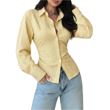 Women'S Striped Collar Single Breasted V Neck Long Sleeve Slim Waist Shirt Yellow S