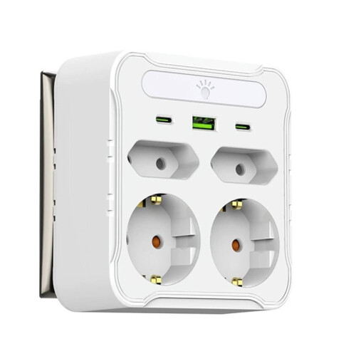 Wall Socket Power Strip with Light 4 AC Outlets 2 USB  1 Type-C Charger  for Home Power Socket-EU Plug White