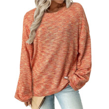 Women'S Marled Waffle Knit Loose Long Sleeve Pullover T-Shirt Orange S