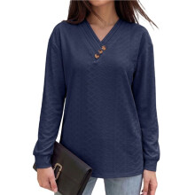 Women'S Solid V-Neck Button Decor Loose Long Sleeve T-Shirt Navy S