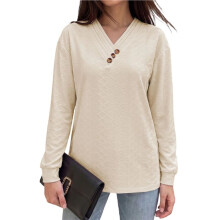 Women'S Solid V-Neck Button Decor Loose Long Sleeve T-Shirt Apricot Color S