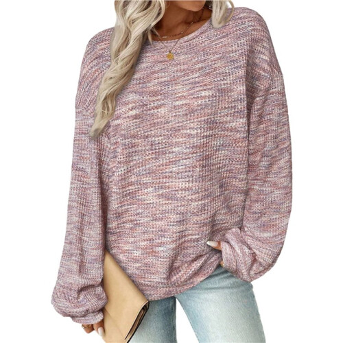 Women'S Marled Waffle Knit Loose Long Sleeve Pullover T-Shirt  S