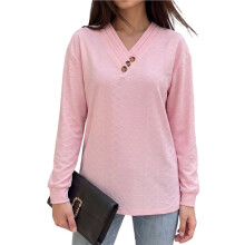 Women'S Solid V-Neck Button Decor Loose Long Sleeve T-Shirt S