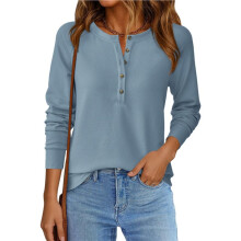 Women'S Crew Neck Button Henley Waffle Knit Loose Long Sleeve Top S
