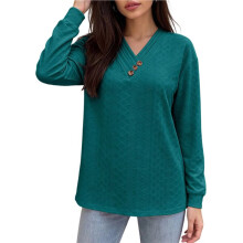 Women'S Solid V-Neck Button Decor Loose Long Sleeve T-Shirt Green S