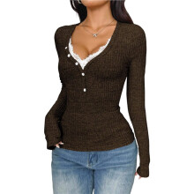 Women'S V Neck Lace Trim Ribbed Slim Fit Y2K Long Sleeve T-Shirt Brown S