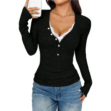 Women'S V Neck Lace Trim Ribbed Slim Fit Y2K Long Sleeve T-Shirt Black S
