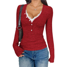 Women'S V Neck Lace Trim Ribbed Slim Fit Y2K Long Sleeve T-Shirt Red S
