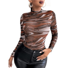 Floral Mesh Long Sleeve Tops for Women See Through FittedGoing Out Top Brown S