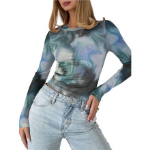 Floral Mesh Long Sleeve Tops for Women See Through FittedGoing Out Top Sky S