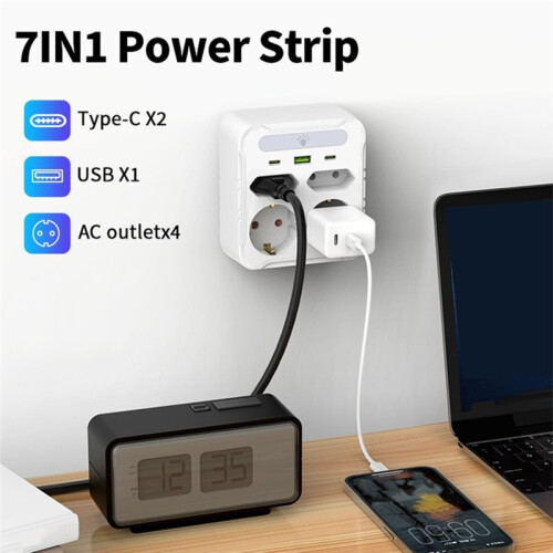 Wall Socket Power Strip with Light 4 AC Outlets 2 USB  1 Type-C Charger  for Home Power Socket-EU Plug White 2