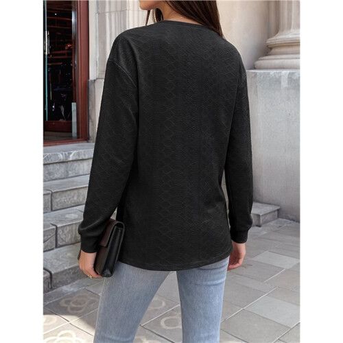 Women'S Solid V-Neck Button Decor Loose Long Sleeve T-Shirt Black S 1