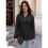 Women'S Solid V-Neck Button Decor Loose Long Sleeve T-Shirt Black S 3