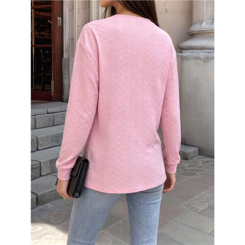 Women'S Solid V-Neck Button Decor Loose Long Sleeve T-Shirt  S 1