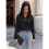Women'S Solid V-Neck Button Decor Loose Long Sleeve T-Shirt Black S 6