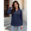Women'S Solid V-Neck Button Decor Loose Long Sleeve T-Shirt Navy  S 4
