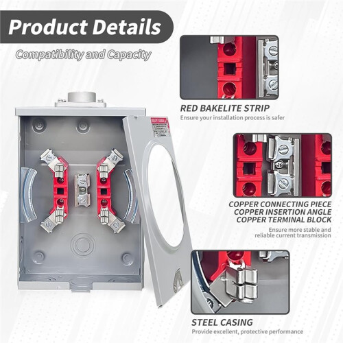 125 Amp Meter Socket 4 Jaw Ringless Meter Base, 600V 1 Phase 3 Wire with Meter Cover Plate for Overhead/Underground Feed 2