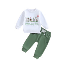 (6-12 Months, White) Toddler Boy Birthday Outfits Animal Embroidery Long Sleeve Round Neck Pullover + Elastic Waist Solid Pants 2 Pcs Set