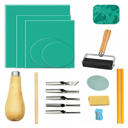 Lino Printing Kit, Lino Sheets with Lino Cutting Tools, Roller, Sharpener for Engraving Printmaking DIY Stamp Art