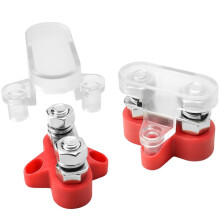 M6 Dual Stud Battery Terminal with Clear Cover, Heavy-Duty Power Distribution Block for RV, Marine & Solar Systems Red