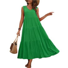 Women Solid Color Casual Midi Dress Green S
