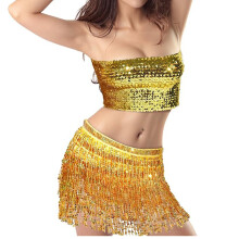Stretchy Stage Costume Set Long Flowing Fringe Skirt-Gold os