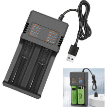 Intelligentes Lithium-Akkuladegerät, USB, zwei Steckplätze, Schutzfunktion, kompatibel mit 18650- und 21700-Akkus