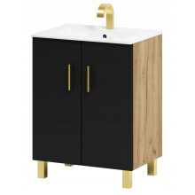 Meuble de salle de bain Viki 60 avec lavabo, noir/or, chĂŞne artisanal