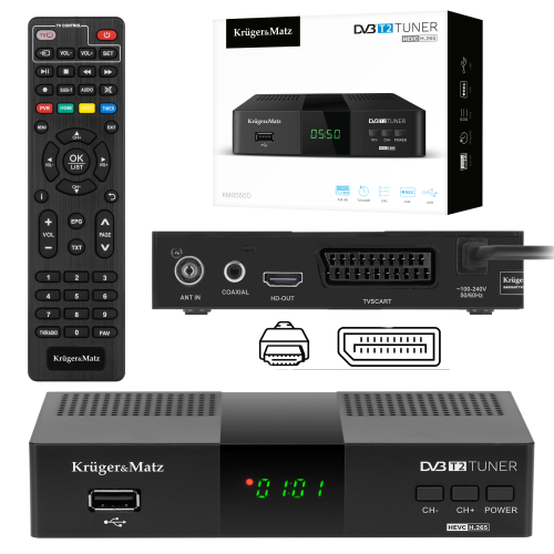 DVB-T2 H.265 HEVC-Tuner Kruger&Matz HDMI SCART PVR EPG USB-Decoder