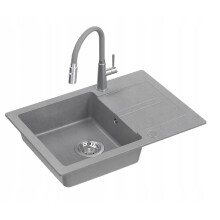 Nayes Spülbecken aus grauem Granit 77x44 + Siphon + Armatur + Stöpsel