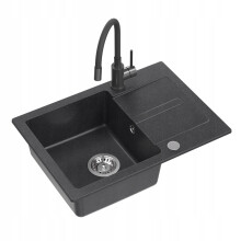 Nayes Spülbecken aus schwarzem Granit 62x44 + Siphon + flexibler Wasserhahn + Spender