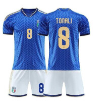 (blue, Size 16 [Recommended height: 90-100CM]) Italy National Team Home Soccer Jersey No.8 Tonali Full Uniform Set Adults Kids Quick Dry Football Kit