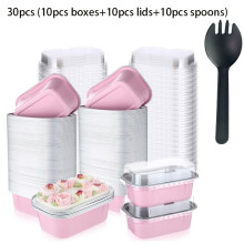 (pink) 30 stuks (10 stuks tientallen, 10 stuks deksels, 10 stuks lepels) cakevormen, aluminiumfolie bakvormen en rechthoekige