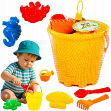 SEAU À SABLE, arrosoir, râteau, pelle, moules, ENSEMBLE DE PLAGE 8 pièces.