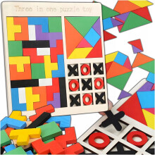 TANGRAM TRÆPUSLESPIL TIC-TOC-TOE 3 I 1 TETRIS LOGIKSPIL