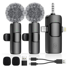 4-in-1 Mini Wireless Lavalier Microphone for iOS Android Camera and PC, Noise Reduction Lapel Mic for Recording