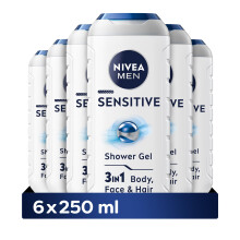 NIVEA MEN Sensitive Shower Gel, Alcohol-Free, Bamboo Extract, for Sensitive & Irritated Skin, Pack of 6 (6x250ml)