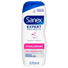 Sanex Expert Skin Health Hypoallergenic Shower Gel, 570ml. For Very Sensitive Skin, 12H Hydration, Prebiotic & Postbiotic Complex, 0% Sulphates.