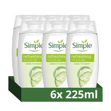 Simple Kind to Skin Refreshing Shower Gel pack of 6 body wash with natural cucumber extract for dry skin 225 ML, White