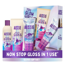 Aussie Oh My Gloss Giftset: Shampoo 300ml, Conditioner 200ml, Serum 160ml. Moisture & Shine. Jojoba, Safflower, Macadamia Oils.