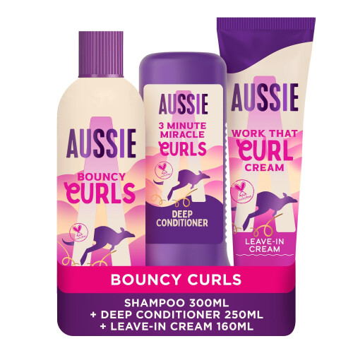 Aussie Aussie Curls Bundle: Bouncy Curls Shampoo 300ml, 3 Minute Miracle Deep Conditioner 250ml, Aussie Work That Cream 160ml