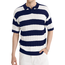 HYPESTFIT Herren Polohemd Kurzarm Elegantes Streifenmuster Marineblau XL — herren polohemd, dunkelblaues polohemd, gestreiftes polohemd