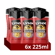 Lynx Sunset Fresh 3-in-1 Body Wash Men's Hair, Face and Body Cleanser with a mango & mandarin scent for all-day freshness 6x 225 ml